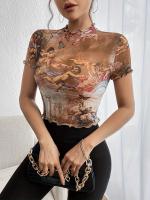 Nueva camiseta de manga corta elegante con estampado de malla, camisetas de manga corta con ribete de oreja de madera para mujeres - details 28