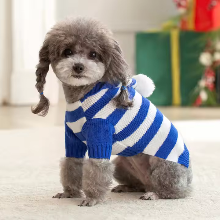 Suéter de punto a rayas para perros y gatos pequeños y medianos, ropa con capucha para mascotas, trajes para cachorros de Navidad, Otoño e Invierno - 1