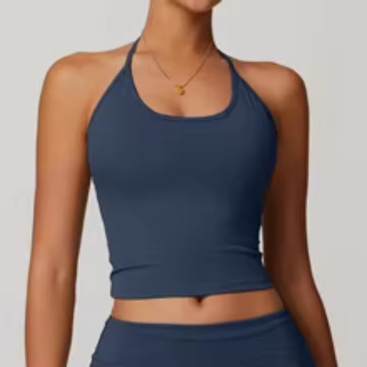 Top deportivo tipo halter sin mangas, ajustado, top corto de yoga para mujer, top de yoga sin espalda con sujetador incorporado y ajuste ceñido. - 1