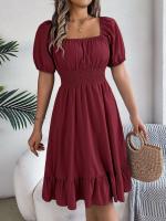 Elegante Vestido de Verano 2024 para Mujeres Cuello Cuadrado Corto Mangas Cortas con Volante - details 25