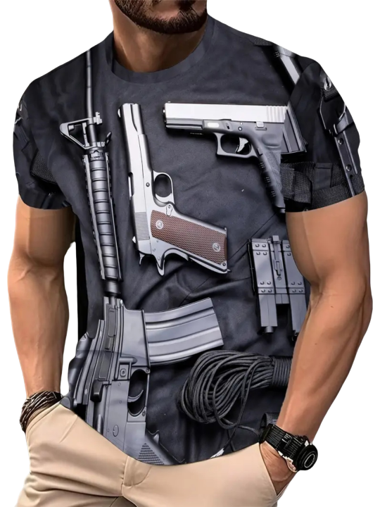 1 camiseta unisex con estampado digital 3D en negro vibrante, diseño de arma de fuego, manga corta, ajuste regular, 100% poliéster, lavable a máquina, adecuada para uso diario, viajes, fitness, playa y actividades al aire libre, camiseta informal