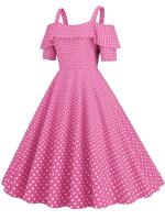 Vestido de fiesta Vintage elegante con hombros descubiertos, vestidos Midi de verano con lunares y volantes para mujer - details 21