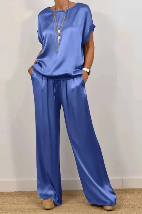 Conjuntos de dos piezas de camiseta y pantalones de satén holgados informales para mujer, camisetas de manga corta con cuello redondo a la moda, traje para primavera y verano, conjuntos de pantalones de pierna ancha - 1