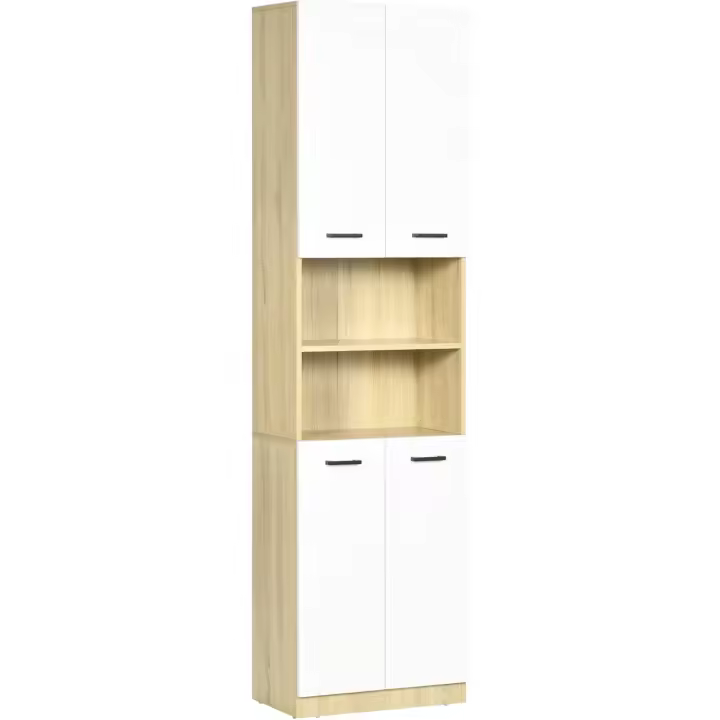 Armario de Baño de Estilo Moderno con 4 Puertas Estante de Baño Alto con 2 Estantes Abiertos y Ajustables Blanco y Roble 53x33,5x195,7 cm - 1