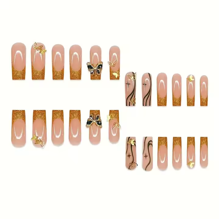 Uñas postizas cuadradas grandes punta Francesa Dorada y Diseño de Mariposa 3D. Lujosas uñas postizas color piel. - 1