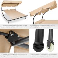 Tumbona Doble de Jardín, Tumbona de Playa con Sombrilla Plegable, Tumbona de Piscina para Dos, Tumbona de Jardín Exterior con 2 Ruedas y Cojines, Fácil Montaje, Interior y Exterior - Negro/Negro - details 12