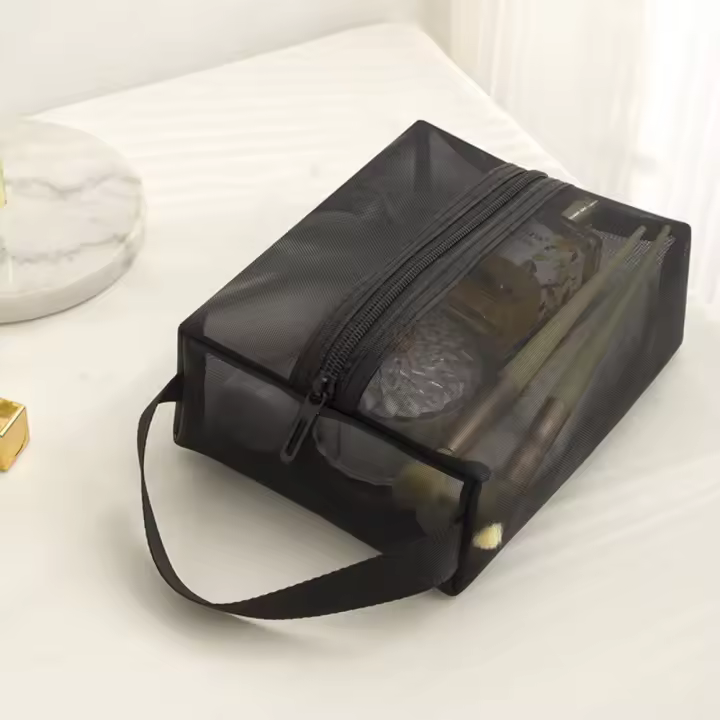 Bolsa de maquillaje de malla portátil informal, bolsa de cosméticos transparente cuadrada ligera con cremallera, estuches de cosméticos de gran capacidad para baño - 1