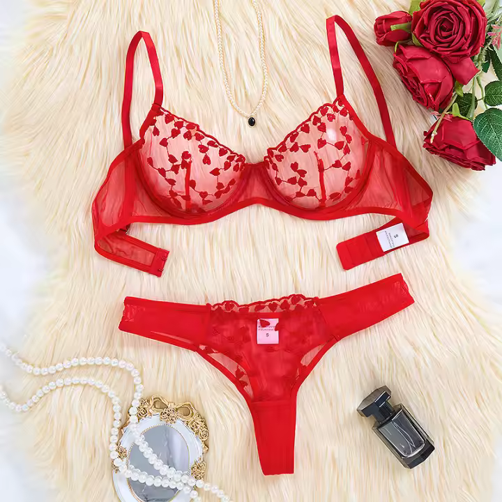 Conjunto de sujetador sexy ligero bordado perspectiva malla sexy conjunto sexual - 1