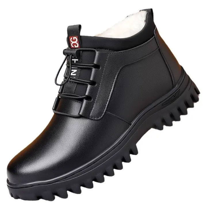 Botas con suela de goma para hombre, zapatos de nieve negros para trabajo, hasta el tobillo, botas de invierno impermeables a la moda para hombre - 1