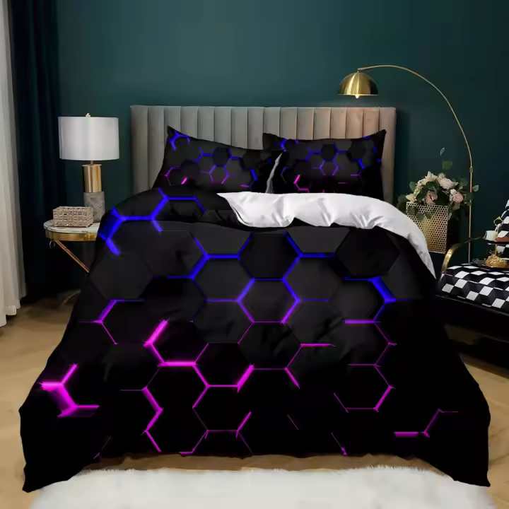Funda de edredón Funda de edredón geométrica Juego de cama hexagonal de panal multicolor Tema geométrico Textura de metal Cubierta de edredón de poliéster aerodinámica - 1