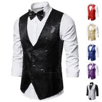 6 estilos hombres boda escenario espectáculo oro brillante lentejuelas arco chaleco azul negro plata traje chaleco Homme chalecos - details 6