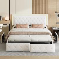 4 cajones, cama tapizada con almacenamiento cama doble acolchada con somier 160 x 200 cm con cabecera cama con láminas cama para 2 personas (PU blanco, 160 x 200) - details 0