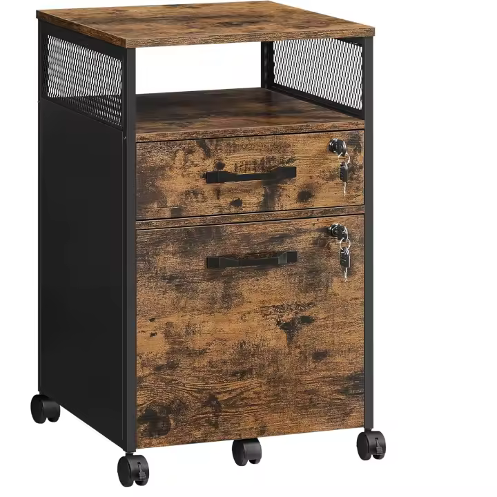 archivador de Oficina con 2 cajones con cerradura, ruedas, estante abierto, para carpetas colgantes, marco de acero, estilo industrial, gris y negro OFC077B02 - 1