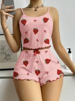Conjunto estampado de amor de fresa europeo y americano, conjunto de pantalones cortos con tirantes para mujer, conjunto de dos piezas, dulce y lindo - details 4