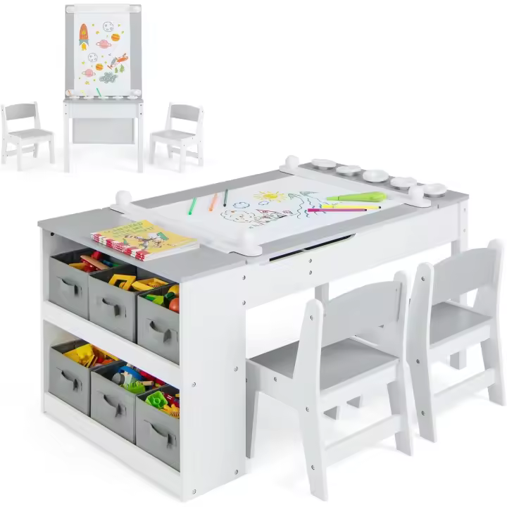 Juego de Mesa y 2 Sillas de Arte para Niños, Escritorio de Juegos y Manualidades 2 en 1 para Niños con Mesa Elevable, Rollo de Papel, Vasos de Pintura y 6 Contenedores (Natural) - 1