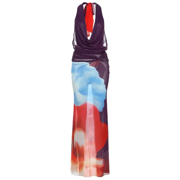 BUNO-Conjunto de 2 piezas de retazos de malla de gato extraño para mujer, Tops cortos con cuello Halter y faldas coloridas, trajes de fiesta en la playa a la moda para vacaciones - 1