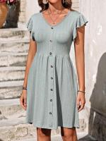 Nuevo vestido de manga corta elástico con cintura con botones y cuello en V para mujer - details 4