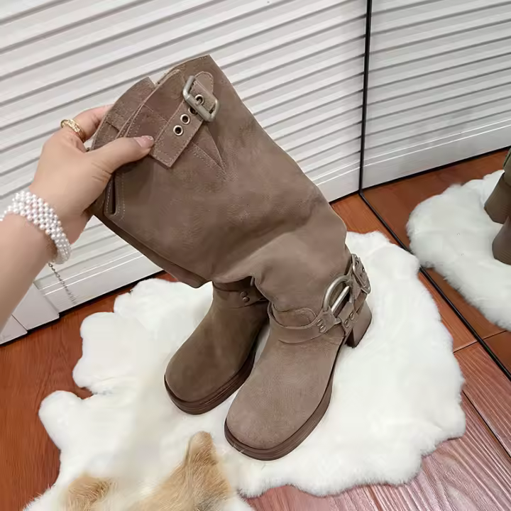 Botas con hebilla de cinturón Botas vaqueras de tacón alto y grueso para mujer Botas de hombre esmeriladas - 1