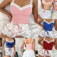 Conjunto de pantalones cortos camisola de encaje para el hogar europeo y americano, cómodo y elástico, adecuado para uso informal en el hogar y ropa de dormir para mujer. - details 0