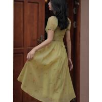 Vestidos de verano con mangas abullonadas para mujer, Vintage, dulce, Retro, estampado Simple, moda Preppy, Popular, para adolescentes, básico, elegante, cintura alta - details 5