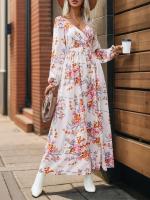 Vestidos elegantes de moda con cuello en V y manga larga divididos para mujer primavera otoño nuevo en vestido largo estético con flores para mujer caliente - details 6