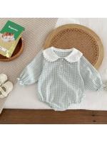 Ready Stock Mono para recién nacidos, pelele elegante a cuadros con cuello Peter Pan y cordón de manga larga para niñas de 0 a 2 años - details 11
