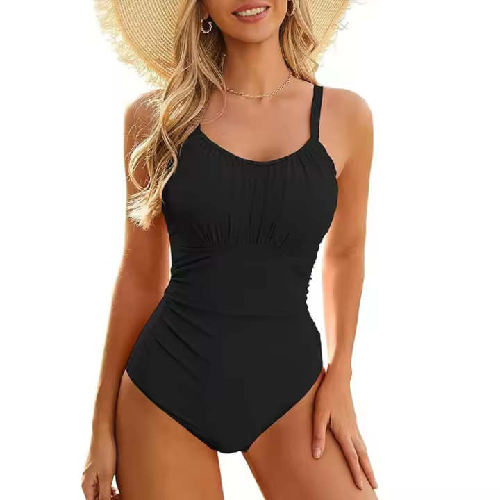 Bikini de color sólido, traje de baño de una pieza, comercio exterior transfronterizo, plisado sexy. - 1