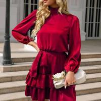 Vestido Satén con Cinturón Rojo Volantes Manga Larga, Elegante y Sensual para Mujer - details 5