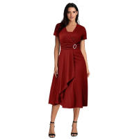 Elegante fiesta midi para mujer en color liso con cuello en V y cintura definida, vestido de noche asimétrico de manga corta - details 3
