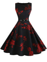 Women  summer vintage elegant floral print party dress with belt - details 5