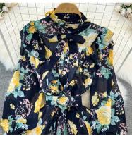 Elegante vestido midi de manga larga con corte en A y falda plisada, cintura ceñida, dobladillo de gasa, estampado floral coreano Sle Commute - details 37
