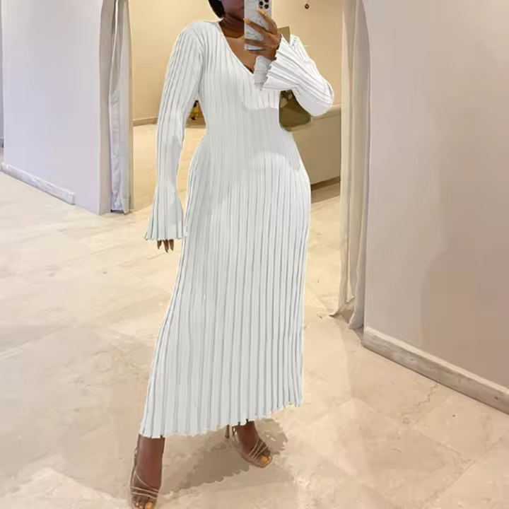 Vestido de punto con cuello en V para mujer, falda larga de cintura informal, otoño e invierno, 2024 - 1