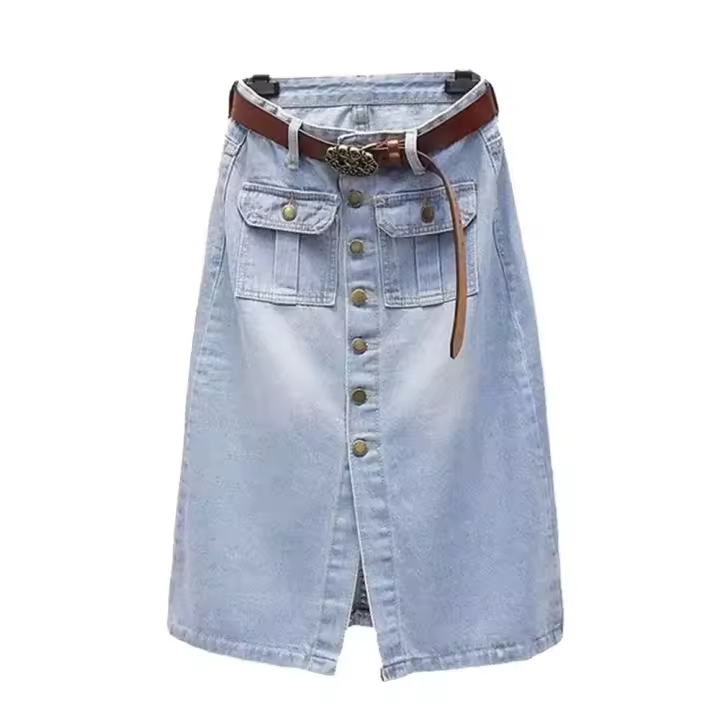 Falda vaquera azul de cintura alta, estilo holgado e informal, combinada con cinturón de mujer de moda coreana - 1