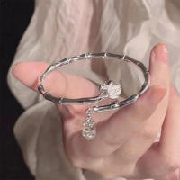 Adjustable Lucky Blessing Bamboo Lotus Bracelet Silver Color Hollow Letter Pendant Bangle For Women Adjustable Opening Bangle - details 0