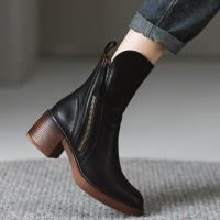 Botas cortas de tacón grueso otoñal Estilo vintage con cremallera lateral británica para mujer - details 4