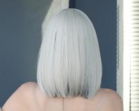 Peluca de pelo corto rubio platino con reflejos negros para damas europeas y americanas, cabello liso de moda, fibra química s - details 1