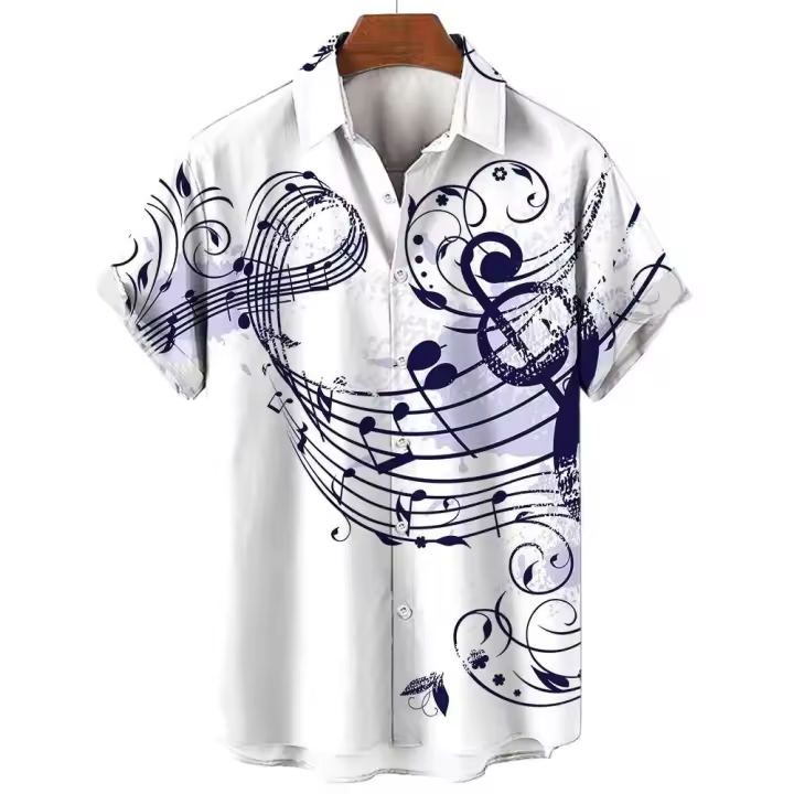 Moda Verano 2025 Camisa de Cuello Redondo con Estampado de Símbolo Musical - 1