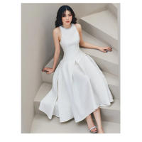 2025 Vestido de Fiesta Sin Mangas con Rhinestones Blancos Gran Volante Slim Largo Plisado Vestido de Baile Estilo Diosa de Veran - details 2