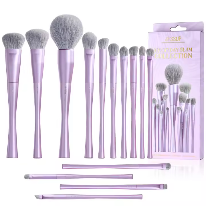 Jessup - Juego de 14 brochas de maquillaje veganas profesionales para base, sombras de ojos y polvos de contorno, morado de lujo T512 - 1