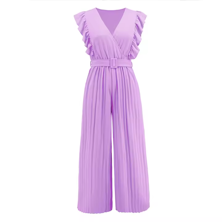 Women's High Waist Jumpsuit 2024 V Neck Sleeveless Pleated Wide Skirt - 1
