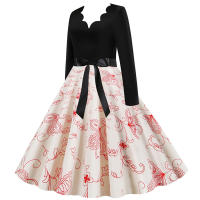 Women plaid print long sleeve vintage a line party dress v neck - details 118