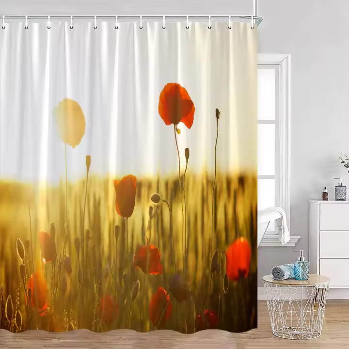 Cortina de ducha de amapola, decoración de baño con planta de flor roja, paisaje natural, cortina de baño de tela de poliéster con gancho - 1