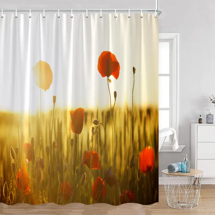 Cortina de ducha de amapola, decoración de baño con planta de flor roja, paisaje natural, cortina de baño de tela de poliéster con gancho - 1