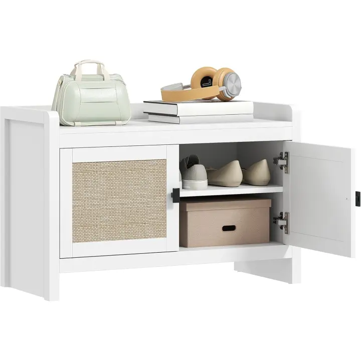 Banco Zapatero Mueble Zapatero Banco de Almacenamiento Bohemio con Puertas Frentes de Ratán Estante Extraíble para 8 Pares de Zapatos para Entrada Dormitorio 80x35x52 cm Blanco - 1