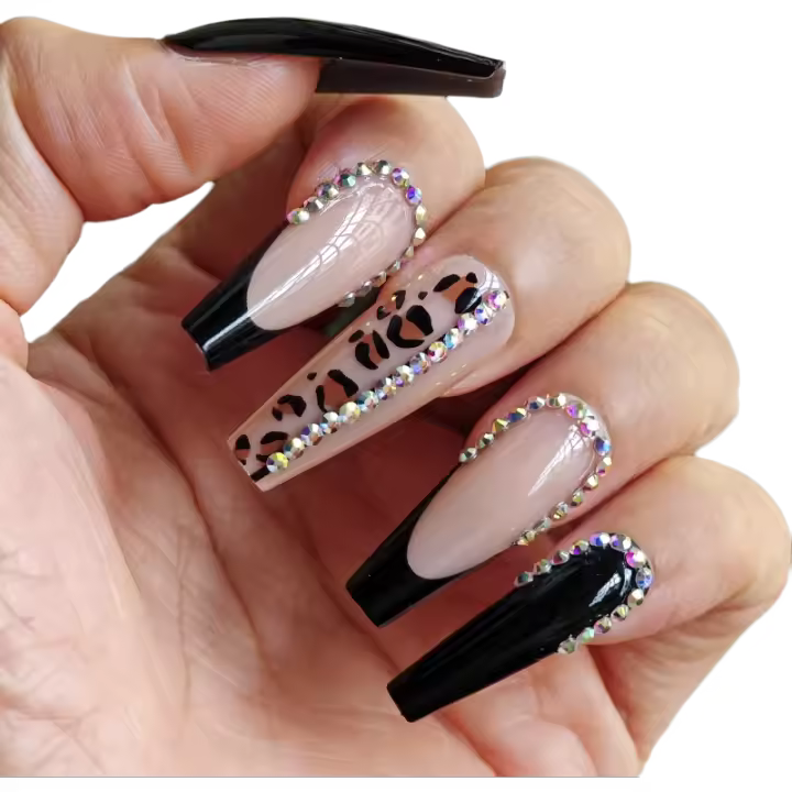 Set de uñas postizas largas en forma de leopardo con diseño de joyas, 24 piezas, negro, estilo francés para dedos, imagen para un sistema. - 1