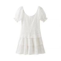 OUWU- Estilo Europeo Nueva Moda Mujer Todo Blanco Fósforo Hueco Bordado Cuello Cuadrado Corbata Pastel Falda Vestido De Manga Abombada - details 2