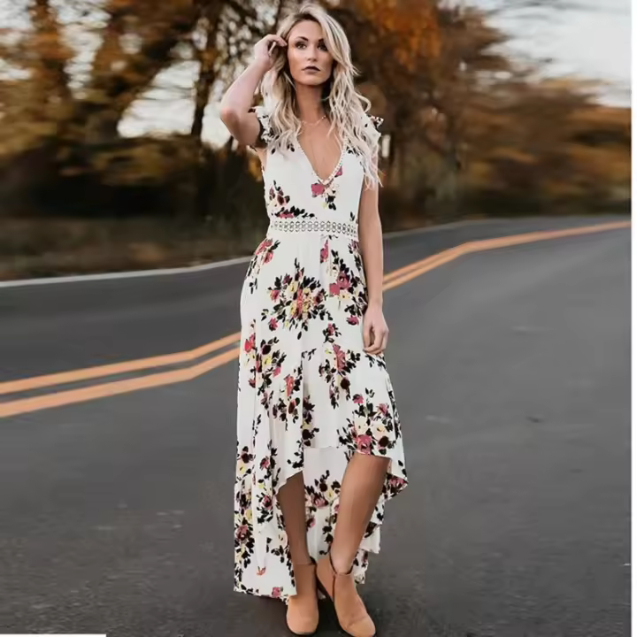 Vestido bohemio largo hasta la cadera sin mangas, estampado floral, corte asimétrico, espalda descubierta, ajuste perfecto. - 1