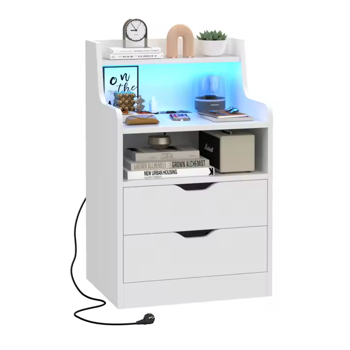 Rcynview  Mesita de Noche LED Blanca con 3 Cajones, Mesa de Almacenamiento y Luz Superior, Luz LED RGB,guías metálicas. - 1