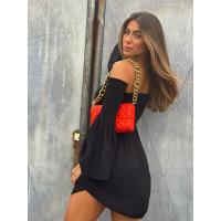 Vestido corto de verano para mujer, de color sólido, con hombros descubiertos y mangas acampanadas - details 1