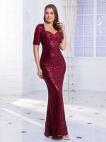 Vestido de fiesta de noche de media manga con corazón y cuello de lentejuelas maxi, vestido de cóctel elástico - details 4
